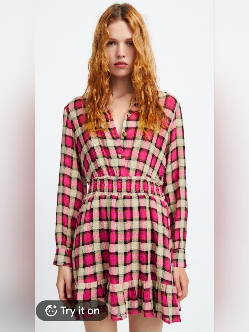 Zara Pink & Cream Plaid Smocked-Waist Long-Sleeve Dress Size M